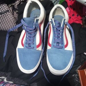 Vans Blue & White Skate Sneakers with Red Stripe